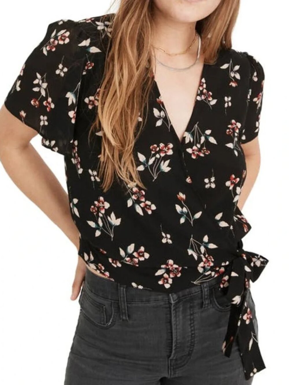 Madewell Black Floral Wrap Blouse